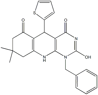 1-benzyl-2-hydroxy-8,8-dimethyl-5-(2-thienyl)-5,8,9,10-tetrahydropyrimido[4,5-b]quinoline-4,6(1H,7H)-dione 结构式