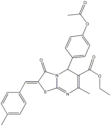 ethyl 5-[4-(acetyloxy)phenyl]-7-methyl-2-(4-methylbenzylidene)-3-oxo-2,3-dihydro-5H-[1,3]thiazolo[3,2-a]pyrimidine-6-carboxylate 结构式