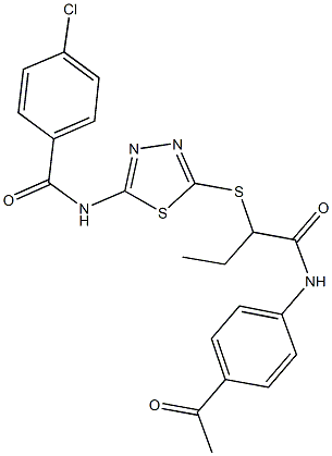 N-[5-({1-[(4-acetylanilino)carbonyl]propyl}sulfanyl)-1,3,4-thiadiazol-2-yl]-4-chlorobenzamide 结构式