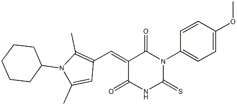 5-[(1-cyclohexyl-2,5-dimethyl-1H-pyrrol-3-yl)methylene]-1-(4-methoxyphenyl)-2-thioxodihydropyrimidine-4,6(1H,5H)-dione 结构式