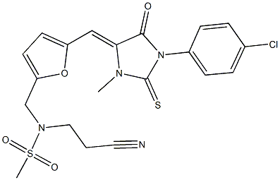 N-[(5-{[1-(4-chlorophenyl)-3-methyl-5-oxo-2-thioxo-4-imidazolidinylidene]methyl}-2-furyl)methyl]-N-(2-cyanoethyl)methanesulfonamide 结构式