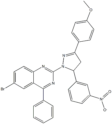 6-bromo-2-{5-{3-nitrophenyl}-3-[4-(methyloxy)phenyl]-4,5-dihydro-1H-pyrazol-1-yl}-4-phenylquinazoline 结构式