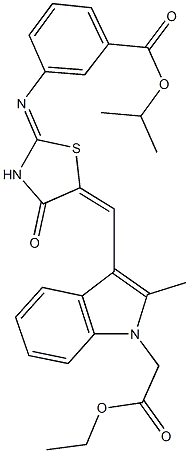 isopropyl 3-[(5-{[1-(2-ethoxy-2-oxoethyl)-2-methyl-1H-indol-3-yl]methylene}-4-oxo-1,3-thiazolidin-2-ylidene)amino]benzoate 结构式