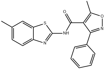 5-methyl-N-(6-methyl-1,3-benzothiazol-2-yl)-3-phenyl-4-isoxazolecarboxamide 结构式