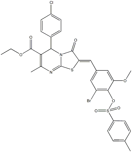 ethyl 2-(3-bromo-5-methoxy-4-{[(4-methylphenyl)sulfonyl]oxy}benzylidene)-5-(4-chlorophenyl)-7-methyl-3-oxo-2,3-dihydro-5H-[1,3]thiazolo[3,2-a]pyrimidine-6-carboxylate 结构式