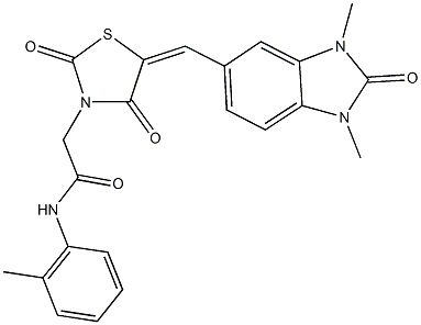 2-{5-[(1,3-dimethyl-2-oxo-2,3-dihydro-1H-benzimidazol-5-yl)methylene]-2,4-dioxo-1,3-thiazolidin-3-yl}-N-(2-methylphenyl)acetamide 结构式