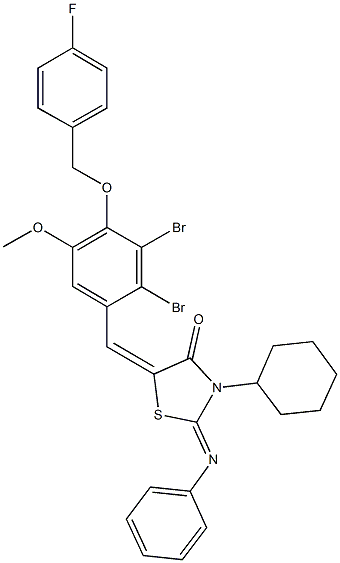 3-cyclohexyl-5-{2,3-dibromo-4-[(4-fluorobenzyl)oxy]-5-methoxybenzylidene}-2-(phenylimino)-1,3-thiazolidin-4-one 结构式