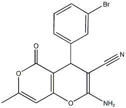 2-amino-4-(3-bromophenyl)-7-methyl-5-oxo-4H,5H-pyrano[4,3-b]pyran-3-carbonitrile 结构式