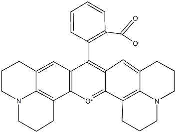2-(1H,2H,3H,5H,6H,7H,11H,12H,13H,15H,16H,17H-pyrido[3,2,1-ij]quinolizino[1',9':6,7,8]chromeno[2,3-f]quinolin-18-ium-9-yl)benzoate 结构式