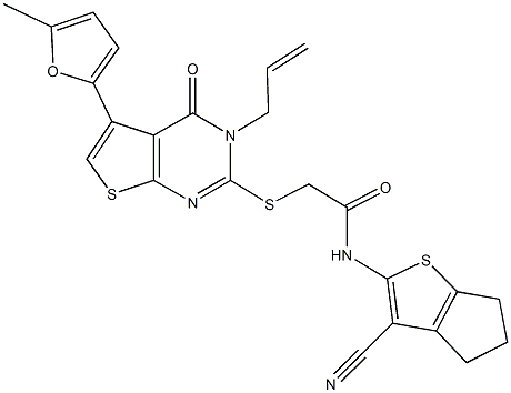 2-{[3-allyl-5-(5-methyl-2-furyl)-4-oxo-3,4-dihydrothieno[2,3-d]pyrimidin-2-yl]sulfanyl}-N-(3-cyano-5,6-dihydro-4H-cyclopenta[b]thien-2-yl)acetamide 结构式