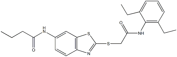 N-(2-{[2-(2,6-diethylanilino)-2-oxoethyl]sulfanyl}-1,3-benzothiazol-6-yl)butanamide 结构式