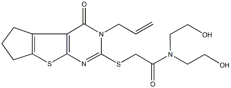 2-[(3-allyl-4-oxo-3,5,6,7-tetrahydro-4H-cyclopenta[4,5]thieno[2,3-d]pyrimidin-2-yl)sulfanyl]-N,N-bis(2-hydroxyethyl)acetamide 结构式