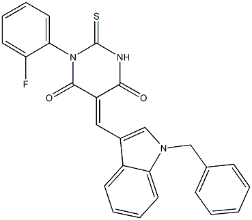 5-[(1-benzyl-1H-indol-3-yl)methylene]-1-(2-fluorophenyl)-2-thioxodihydro-4,6(1H,5H)-pyrimidinedione 结构式