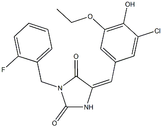 5-(3-chloro-5-ethoxy-4-hydroxybenzylidene)-3-(2-fluorobenzyl)-2,4-imidazolidinedione 结构式