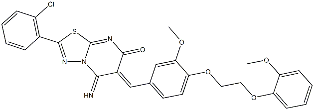 2-(2-chlorophenyl)-5-imino-6-{3-methoxy-4-[2-(2-methoxyphenoxy)ethoxy]benzylidene}-5,6-dihydro-7H-[1,3,4]thiadiazolo[3,2-a]pyrimidin-7-one 结构式