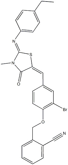 2-{[2-bromo-4-({2-[(4-ethylphenyl)imino]-3-methyl-4-oxo-1,3-thiazolidin-5-ylidene}methyl)phenoxy]methyl}benzonitrile 结构式