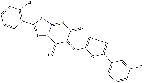 2-(2-chlorophenyl)-6-{[5-(3-chlorophenyl)-2-furyl]methylene}-5-imino-5,6-dihydro-7H-[1,3,4]thiadiazolo[3,2-a]pyrimidin-7-one 结构式