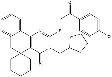 2-{[2-(4-chlorophenyl)-2-oxoethyl]sulfanyl}-3-(cyclopentylmethyl)-5,6-dihydrospiro(benzo[h]quinazoline-5,1'-cyclohexane)-4(3H)-one 结构式