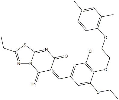6-{3-chloro-4-[2-(2,4-dimethylphenoxy)ethoxy]-5-ethoxybenzylidene}-2-ethyl-5-imino-5,6-dihydro-7H-[1,3,4]thiadiazolo[3,2-a]pyrimidin-7-one 结构式