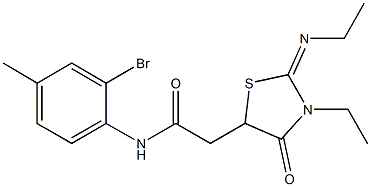 N-(2-bromo-4-methylphenyl)-2-[3-ethyl-2-(ethylimino)-4-oxo-1,3-thiazolidin-5-yl]acetamide 结构式