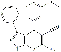 6-amino-4-(3-methoxyphenyl)-3-phenyl-2,4-dihydropyrano[2,3-c]pyrazole-5-carbonitrile 结构式