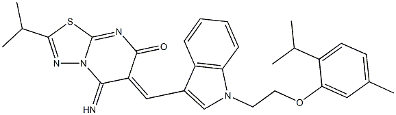 5-imino-2-isopropyl-6-({1-[2-(2-isopropyl-5-methylphenoxy)ethyl]-1H-indol-3-yl}methylene)-5,6-dihydro-7H-[1,3,4]thiadiazolo[3,2-a]pyrimidin-7-one 结构式