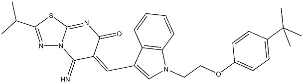 6-({1-[2-(4-tert-butylphenoxy)ethyl]-1H-indol-3-yl}methylene)-5-imino-2-isopropyl-5,6-dihydro-7H-[1,3,4]thiadiazolo[3,2-a]pyrimidin-7-one 结构式