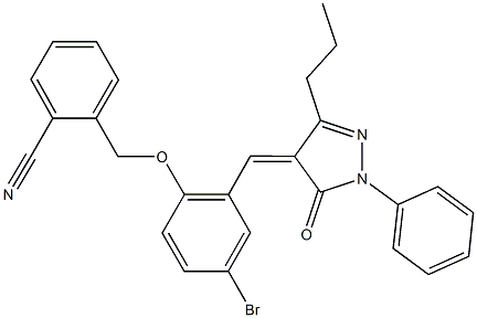 2-({4-bromo-2-[(5-oxo-1-phenyl-3-propyl-1,5-dihydro-4H-pyrazol-4-ylidene)methyl]phenoxy}methyl)benzonitrile 结构式