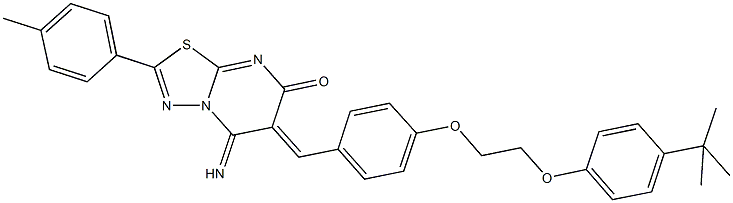 6-{4-[2-(4-tert-butylphenoxy)ethoxy]benzylidene}-5-imino-2-(4-methylphenyl)-5,6-dihydro-7H-[1,3,4]thiadiazolo[3,2-a]pyrimidin-7-one 结构式