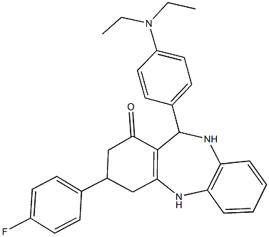 11-[4-(diethylamino)phenyl]-3-(4-fluorophenyl)-2,3,4,5,10,11-hexahydro-1H-dibenzo[b,e][1,4]diazepin-1-one 结构式