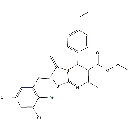 ethyl 2-(3,5-dichloro-2-hydroxybenzylidene)-5-(4-ethoxyphenyl)-7-methyl-3-oxo-2,3-dihydro-5H-[1,3]thiazolo[3,2-a]pyrimidine-6-carboxylate 结构式