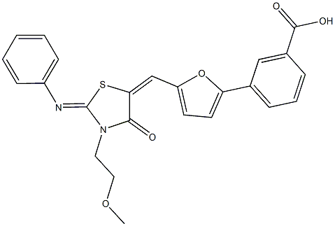 3-(5-{[3-(2-methoxyethyl)-4-oxo-2-(phenylimino)-1,3-thiazolidin-5-ylidene]methyl}-2-furyl)benzoic acid 结构式