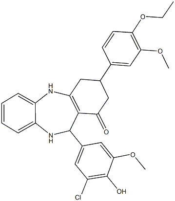 11-(3-chloro-4-hydroxy-5-methoxyphenyl)-3-(4-ethoxy-3-methoxyphenyl)-2,3,4,5,10,11-hexahydro-1H-dibenzo[b,e][1,4]diazepin-1-one 结构式