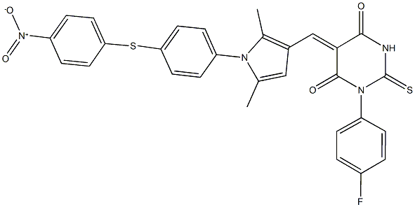 1-(4-fluorophenyl)-5-({1-[4-({4-nitrophenyl}sulfanyl)phenyl]-2,5-dimethyl-1H-pyrrol-3-yl}methylene)-2-thioxodihydro-4,6(1H,5H)-pyrimidinedione 结构式