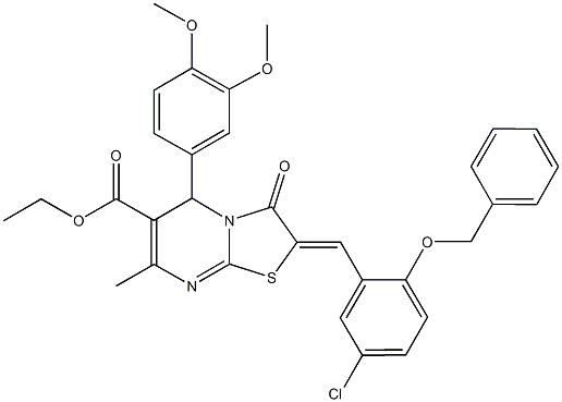 ethyl 2-[2-(benzyloxy)-5-chlorobenzylidene]-5-(3,4-dimethoxyphenyl)-7-methyl-3-oxo-2,3-dihydro-5H-[1,3]thiazolo[3,2-a]pyrimidine-6-carboxylate 结构式