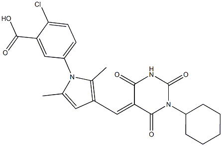 2-chloro-5-{3-[(1-cyclohexyl-2,4,6-trioxotetrahydro-5(2H)-pyrimidinylidene)methyl]-2,5-dimethyl-1H-pyrrol-1-yl}benzoic acid 结构式