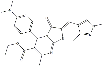 ethyl 5-[4-(dimethylamino)phenyl]-2-[(1,3-dimethyl-1H-pyrazol-4-yl)methylene]-7-methyl-3-oxo-2,3-dihydro-5H-[1,3]thiazolo[3,2-a]pyrimidine-6-carboxylate 结构式