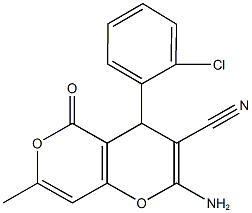 2-amino-4-(2-chlorophenyl)-7-methyl-5-oxo-4H,5H-pyrano[4,3-b]pyran-3-carbonitrile 结构式