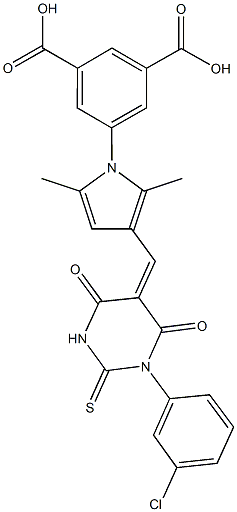 5-{3-[(1-(3-chlorophenyl)-4,6-dioxo-2-thioxotetrahydro-5(2H)-pyrimidinylidene)methyl]-2,5-dimethyl-1H-pyrrol-1-yl}isophthalic acid 结构式