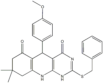 2-(benzylsulfanyl)-5-(4-methoxyphenyl)-8,8-dimethyl-5,8,9,10-tetrahydropyrimido[4,5-b]quinoline-4,6(1H,7H)-dione 结构式