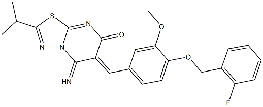 6-{4-[(2-fluorobenzyl)oxy]-3-methoxybenzylidene}-5-imino-2-isopropyl-5,6-dihydro-7H-[1,3,4]thiadiazolo[3,2-a]pyrimidin-7-one 结构式