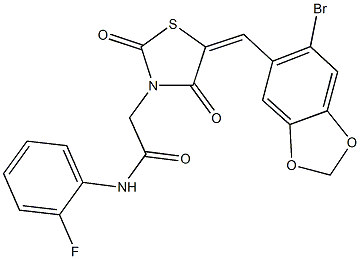 2-{5-[(6-bromo-1,3-benzodioxol-5-yl)methylene]-2,4-dioxo-1,3-thiazolidin-3-yl}-N-(2-fluorophenyl)acetamide 结构式