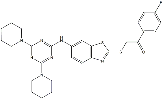 2-[(6-{[4,6-di(1-piperidinyl)-1,3,5-triazin-2-yl]amino}-1,3-benzothiazol-2-yl)sulfanyl]-1-(4-fluorophenyl)ethanone 结构式