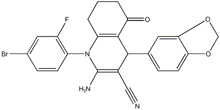 2-amino-4-(1,3-benzodioxol-5-yl)-1-(4-bromo-2-fluorophenyl)-5-oxo-1,4,5,6,7,8-hexahydro-3-quinolinecarbonitrile 结构式