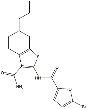 N-[3-(aminocarbonyl)-6-propyl-4,5,6,7-tetrahydro-1-benzothien-2-yl]-5-bromo-2-furamide 结构式