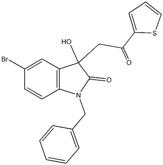 1-benzyl-5-bromo-3-hydroxy-3-[2-oxo-2-(2-thienyl)ethyl]-1,3-dihydro-2H-indol-2-one 结构式