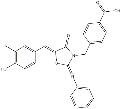 4-{[5-(4-hydroxy-3-iodobenzylidene)-4-oxo-2-(phenylimino)-1,3-thiazolidin-3-yl]methyl}benzoic acid 结构式