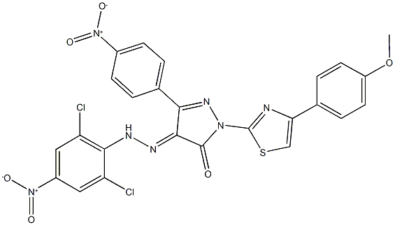 3-{4-nitrophenyl}-1-[4-(4-methoxyphenyl)-1,3-thiazol-2-yl]-1H-pyrazole-4,5-dione 4-({2,6-dichloro-4-nitrophenyl}hydrazone) 结构式