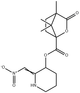 (2E)-2-(nitromethylidene)piperidin-3-yl 4,7,7-trimethyl-3-oxo-2-oxabicyclo[2.2.1]heptane-1-carboxylate 结构式