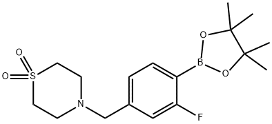 4-{[3-fluoro-4-(4,4,5,5-tetramethyl-1,3,2-dioxaborolan-2-yl)phenyl]methyl}-1λ-thiomorpholine-1,1-dione 结构式